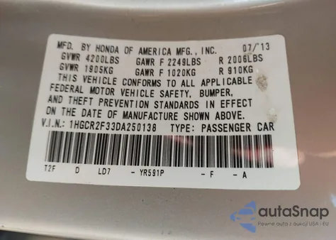 2013 Honda Accord Lx z USA, uszkodzony, nr VIN 1HGCR2F33DA250138
